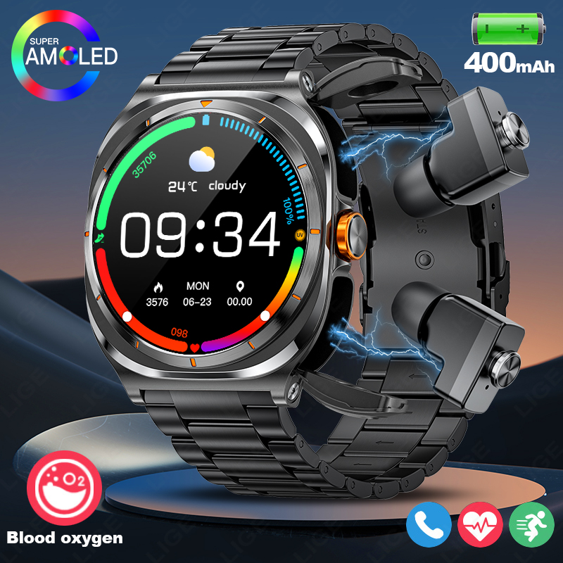 Smartwatch Running Watches For Men - LIGE 2025 นาฬิกาหูฟังไร้สาย 2-in-1 สมาร์ทวอท์ชบลูทูธโทร 100