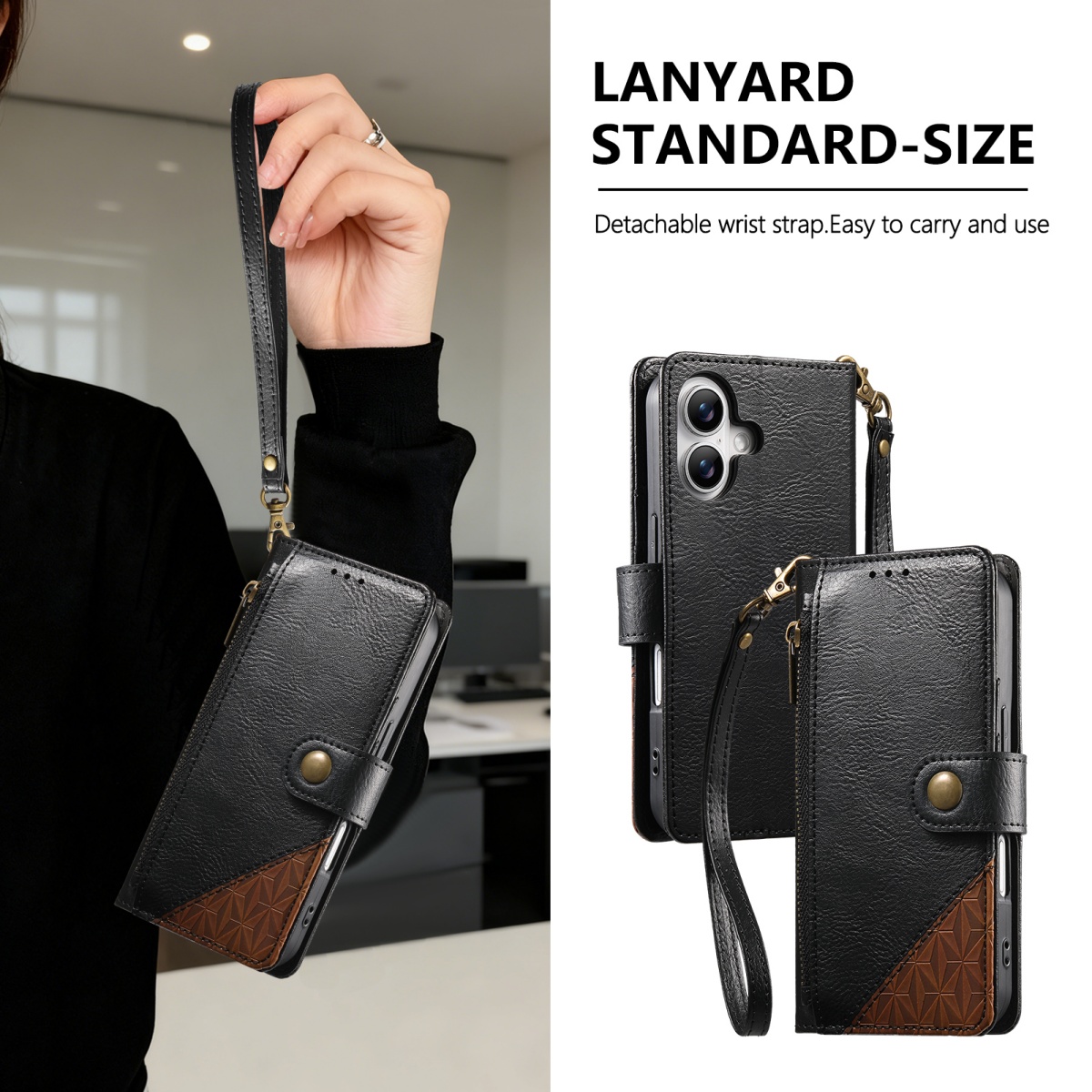 Samsung Galaxy Strap - เคสโทรศัพท์แบบพับได้พร้อมช่องใส่บัตร สายคล้องข้อมือแบบซิป หนัง PU สำหรับ Samsung