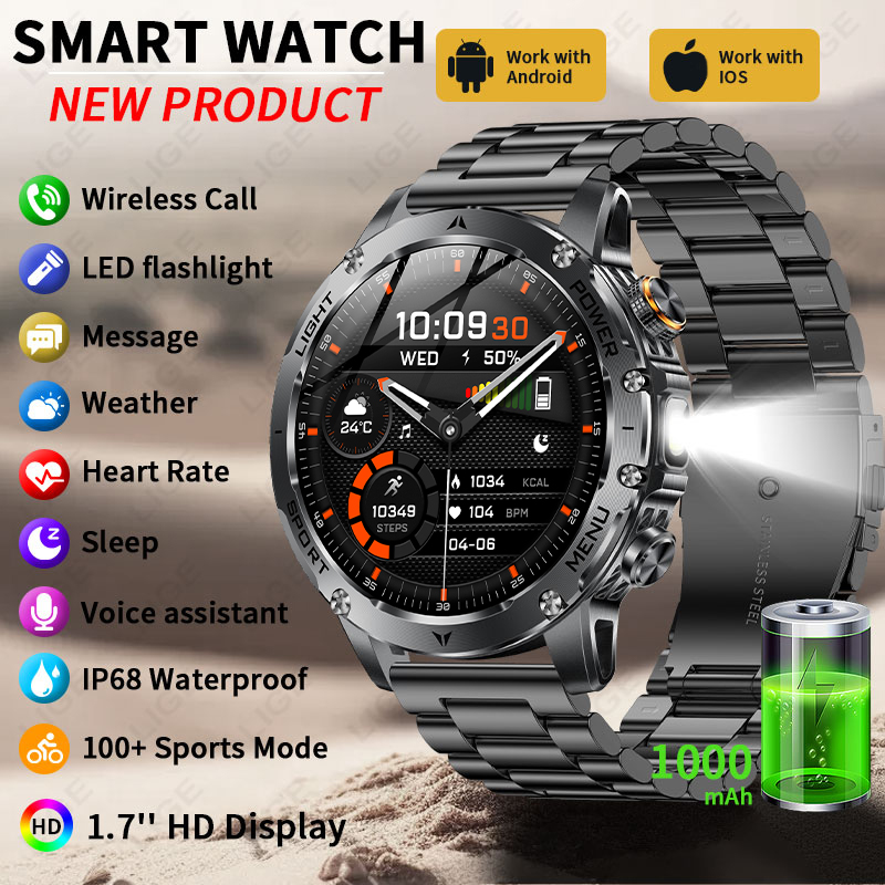 Smartwatch Running Watches For Men - ใหม่ 1000mAh แบตเตอรี่สมาร์ทวอทช์ผู้ชายไฟฉาย LED IP68 กันน้ำบลูทูธโทร