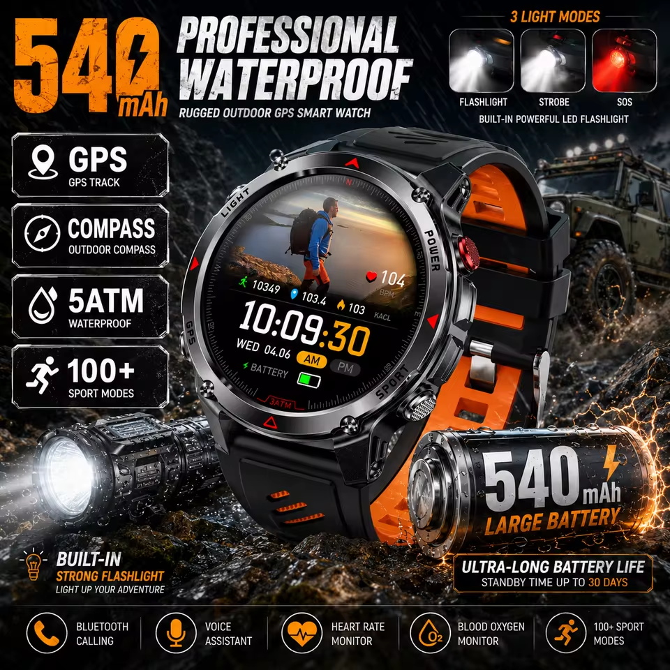Altimeter Compass Watch - ทหาร 540mAh GPS สมาร์ทวอทช์ 3ATM กันน้ำหน้าจอ