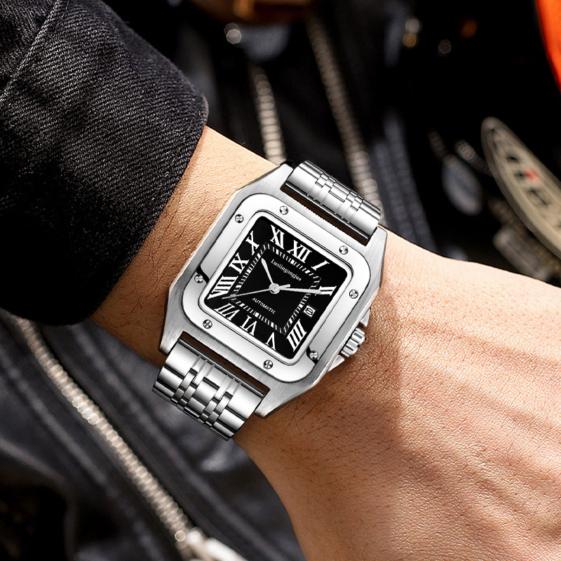 Cartier Watch Santos - นาฬิกาข้อมือกลไกอัตโนมัติทรงสี่เหลี่ยมหรูหราระดับไฮเอนด์สำหรับผู้ชาย พร้อมตัวล็อคแบบผีเสื้อแบบกลวง นาฬิกาข้อมือผู้ชายทันสมัยสำหรับธุรกิจและลำลอง ใช้งานได้หลากหลาย เหมาะสำหรับสวมใส่ในโอกาสต่างๆ ของขวัญตัวเลือกแรกสำหรับแฟนของคุณในวันวาเลนไทน์