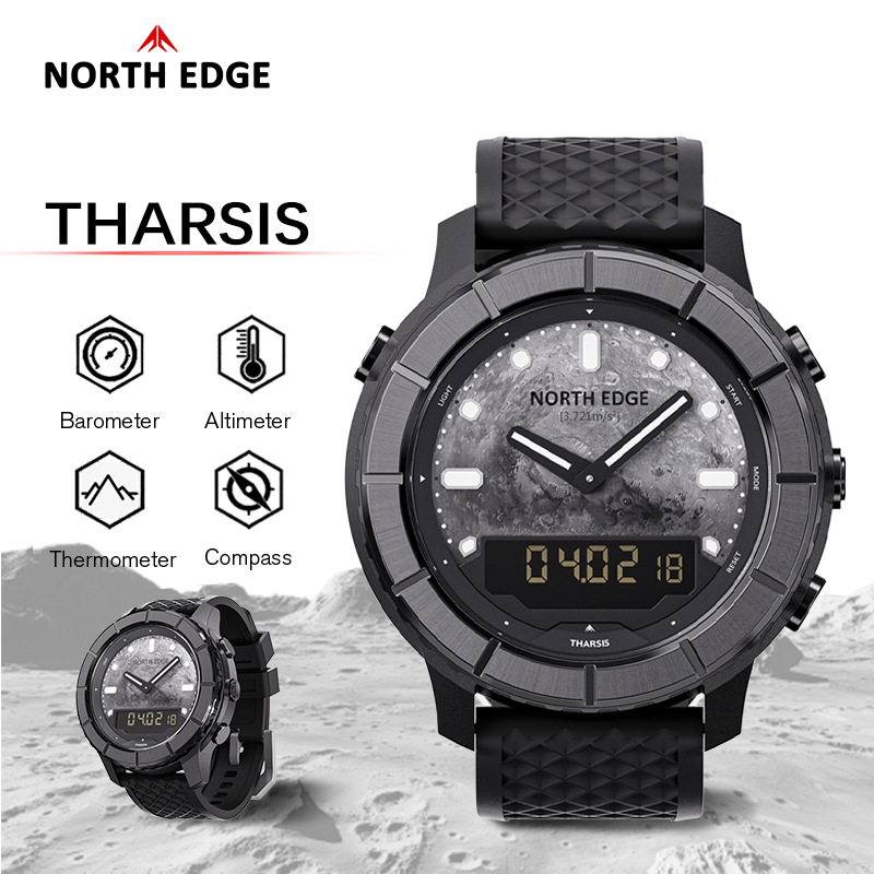 Altimeter Compass Watch - NORTH EDGE THARSIS ผู้ชายคาร์บอนไฟเบอร์นาฬิกาดิจิตอล 50M กันน้ำกีฬากลางแจ้งเดินป่าเครื่องวัดระยะสูงบารอมิเตอร์เข็มทิศหน้าปัดเรืองแสง
